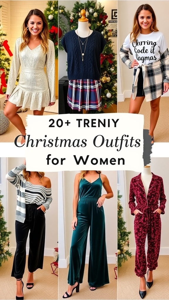 A stylish display of Christmas outfit ideas for Gen Z women, including dresses, sweaters, and pajamas.
